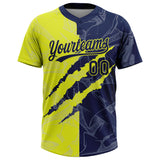 Custom Graffiti Pattern Navy-Neon Yellow 3D Scratch Two-Button Unisex Softball Jersey