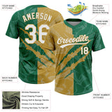 Custom Graffiti Pattern White Kelly Green-Old Gold 3D Scratch Two-Button Unisex Softball Jersey