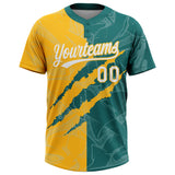 Custom Graffiti Pattern White Teal-Gold 3D Scratch Two-Button Unisex Softball Jersey