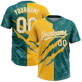 Custom Graffiti Pattern White Teal-Gold 3D Scratch Two-Button Unisex Softball Jersey