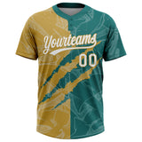 Custom Graffiti Pattern White Teal-Old Gold 3D Scratch Two-Button Unisex Softball Jersey