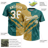 Custom Graffiti Pattern White Teal-Old Gold 3D Scratch Two-Button Unisex Softball Jersey