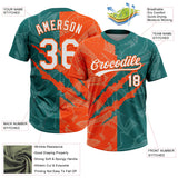 Custom Graffiti Pattern White Teal-Orange 3D Scratch Two-Button Unisex Softball Jersey