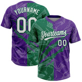 Custom Graffiti Pattern White Purple-Kelly Green 3D Scratch Two-Button Unisex Softball Jersey