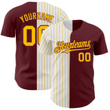 Custom Burgundy White-Gold Pinstripe Authentic Split Fashion Baseball Jersey