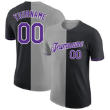 Custom Black Purple-Gray Split Fashion Performance T-Shirt