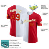 Custom Red White-Old Gold Split Fashion Performance T-Shirt