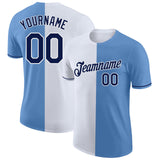 Custom Light Blue Navy-White Split Fashion Performance T-Shirt