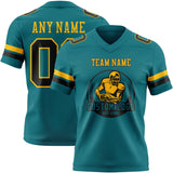 Custom Teal Black-Gold Mesh Authentic Football Jersey
