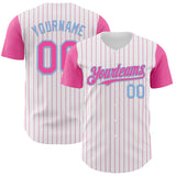 Custom White Pink Pinstripe Light Blue Authentic Two Tone Baseball Jersey