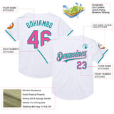 Custom White Pink-Teal Mesh Authentic Throwback Baseball Jersey