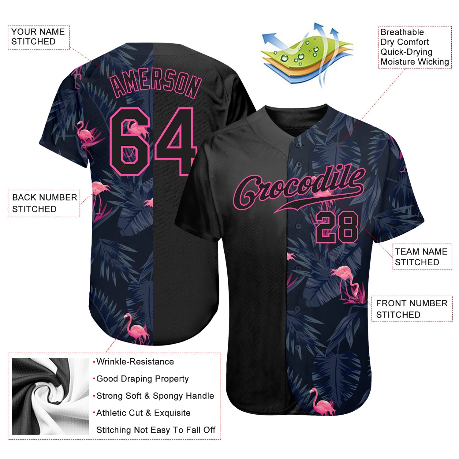 Custom 3D Pattern Design Flamingo Authentic Baseball Jersey