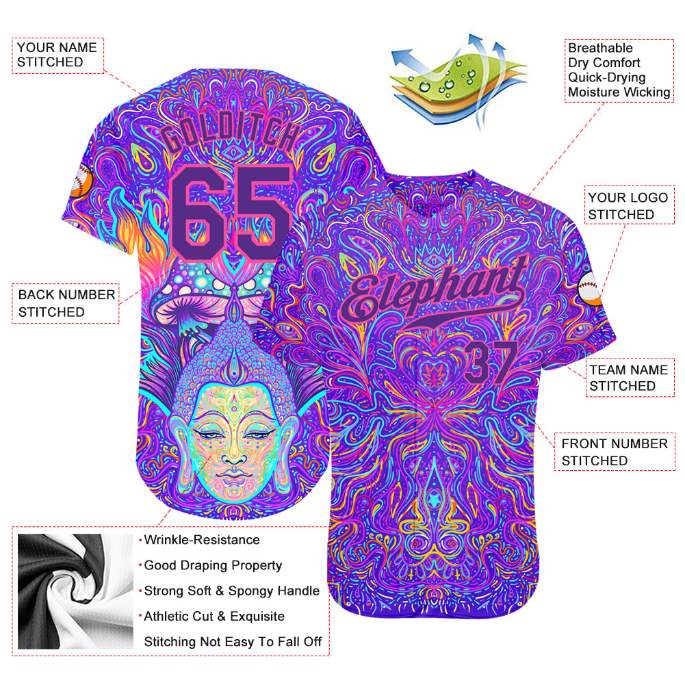 Custom 3D Pattern Design Sitting Buddha Over Colorful Neon Background Psychedelic Mushroom Composition Authentic Baseball Jersey