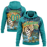 Custom Stitched Teal Yellow 3D Pattern Design Tiger And Flower Sports Pullover Sweatshirt Hoodie