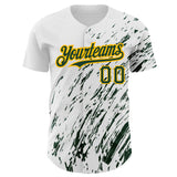 Custom White Green-Gold 3D Pattern Design Abstract Splash Authentic Baseball Jersey