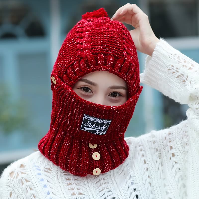 Knitting Earflap Knitting Wool Fleece Windproof Thermal Hat Mask Scarf Integrated