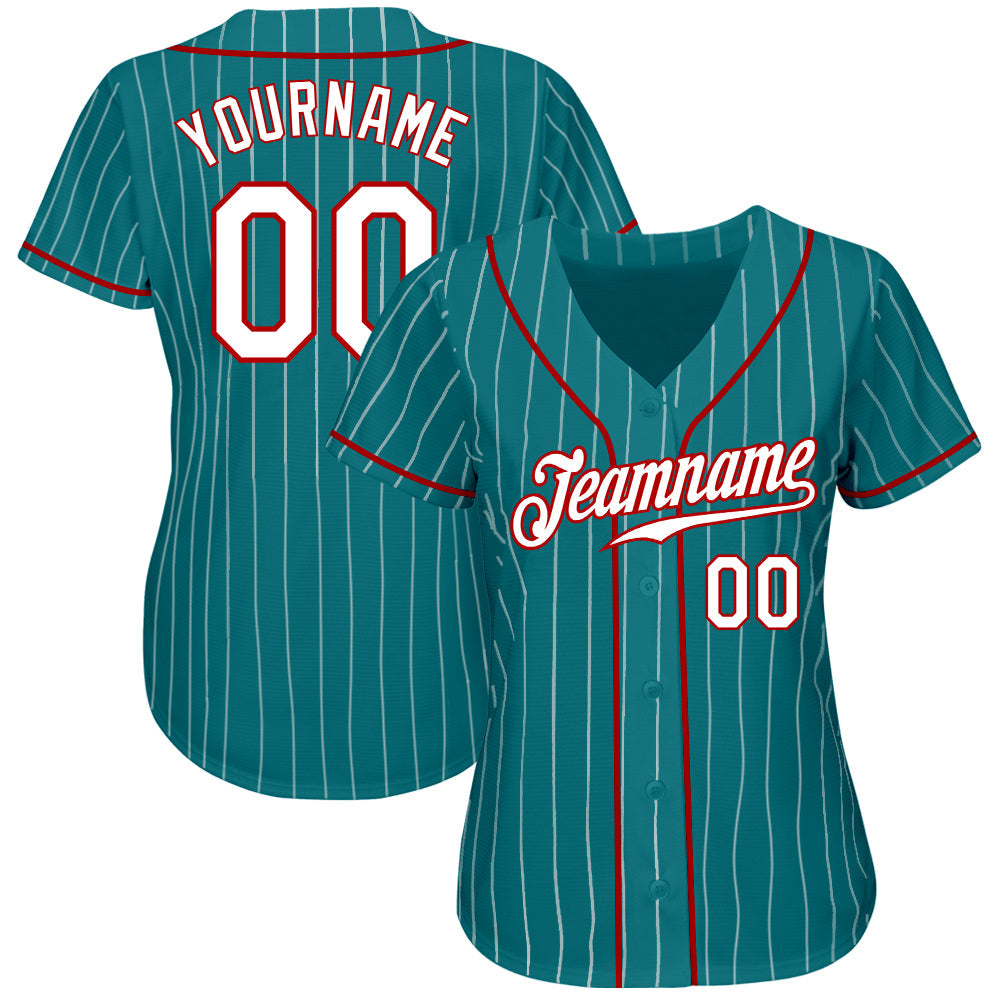 Custom Teal White Pinstripe White-Red Authentic Baseball Jersey