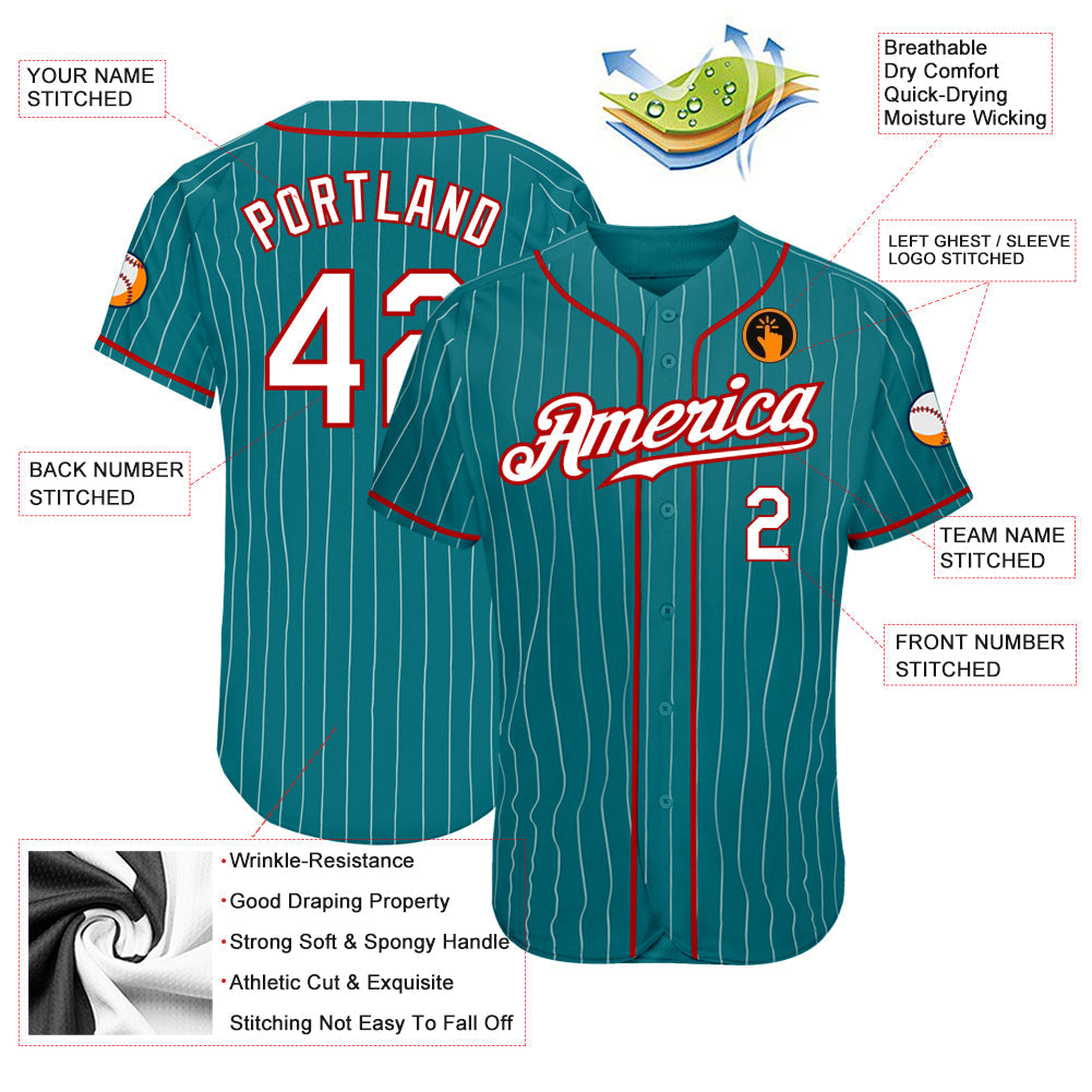 Custom Teal White Pinstripe White-Red Authentic Baseball Jersey