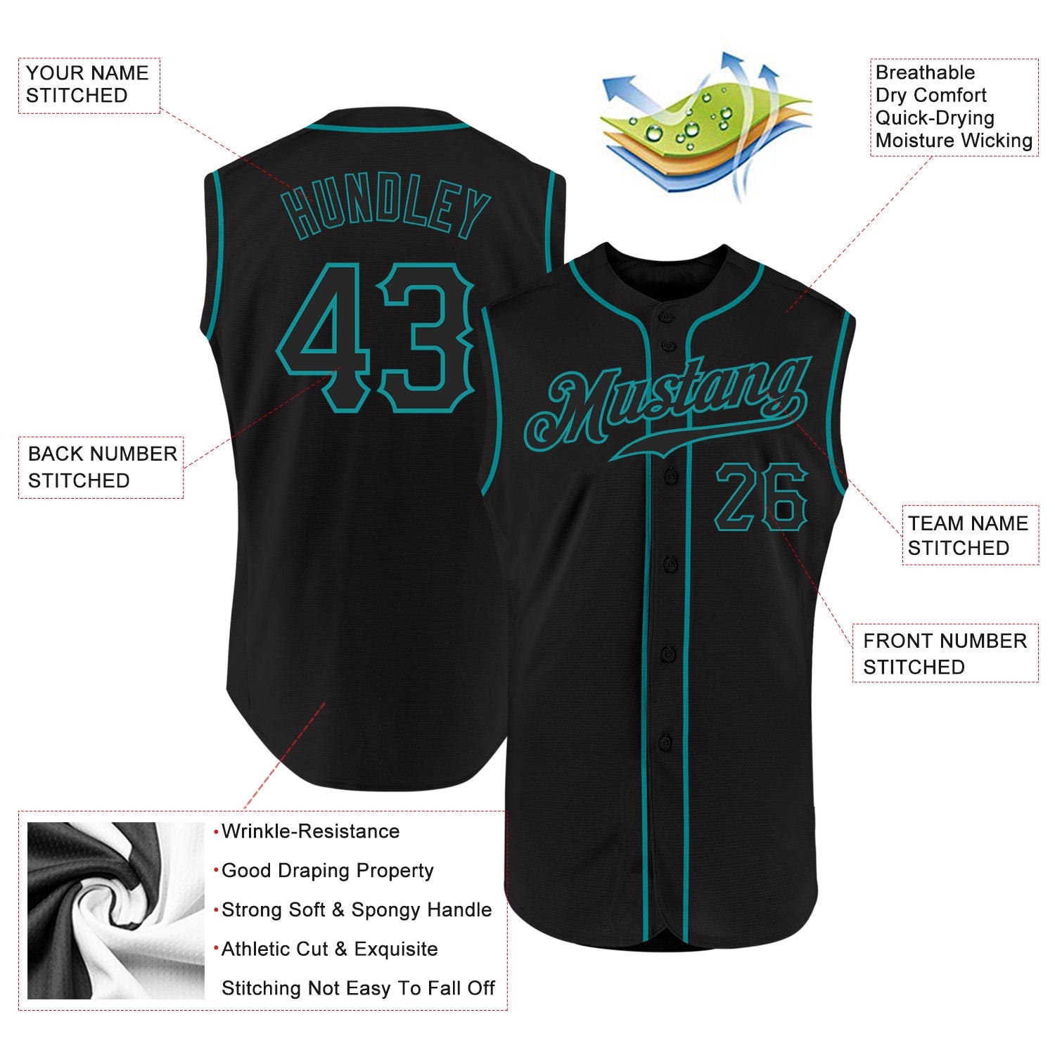 Custom Black Black-Teal Authentic Sleeveless Baseball Jersey
