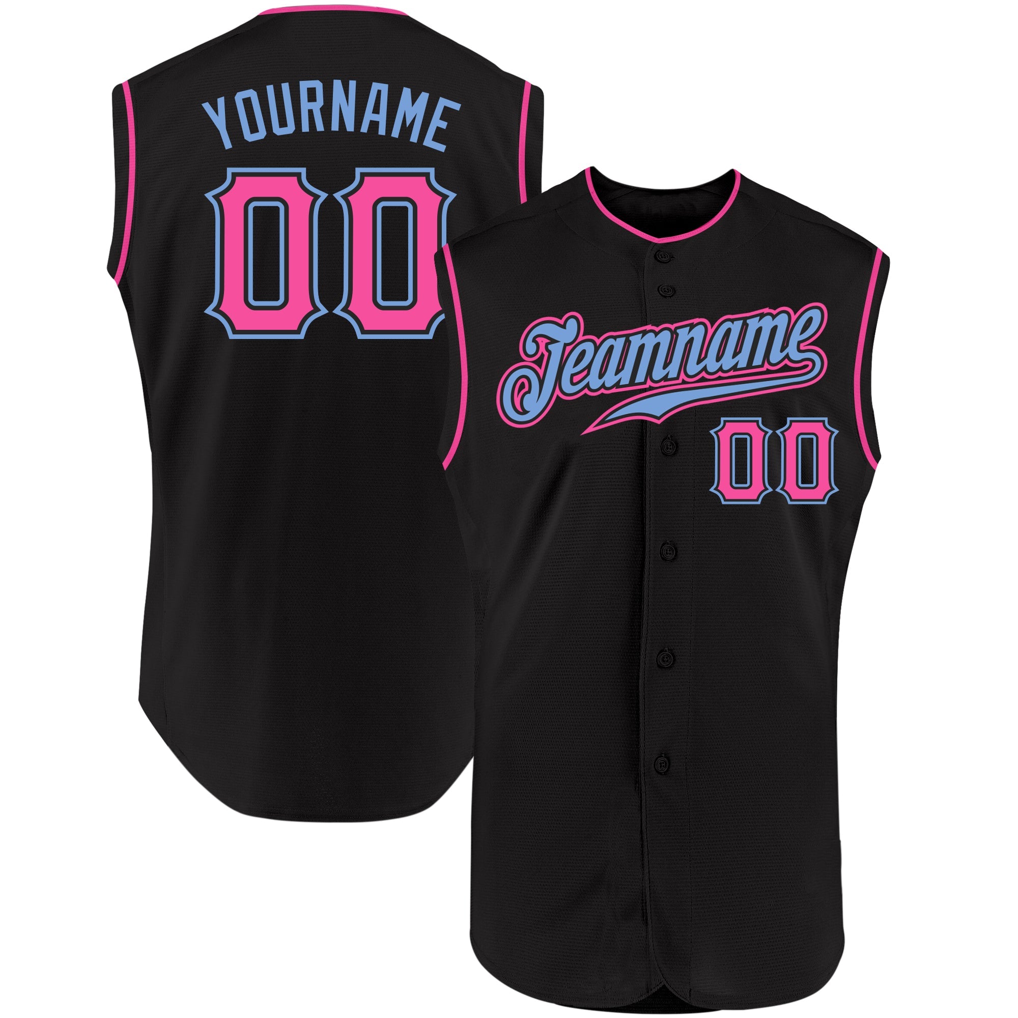 Custom Black Pink-Light Blue Authentic Sleeveless Baseball Jersey