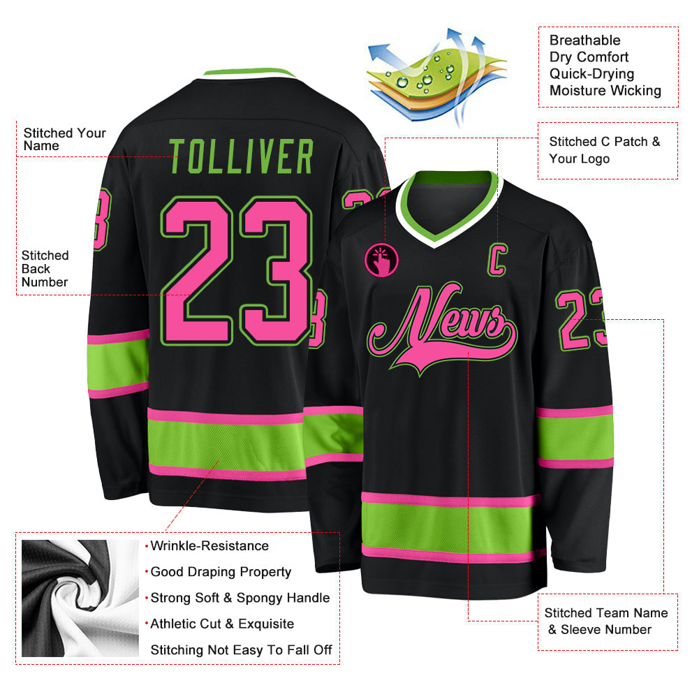 Custom Black Pink-Neon Green Hockey Jersey