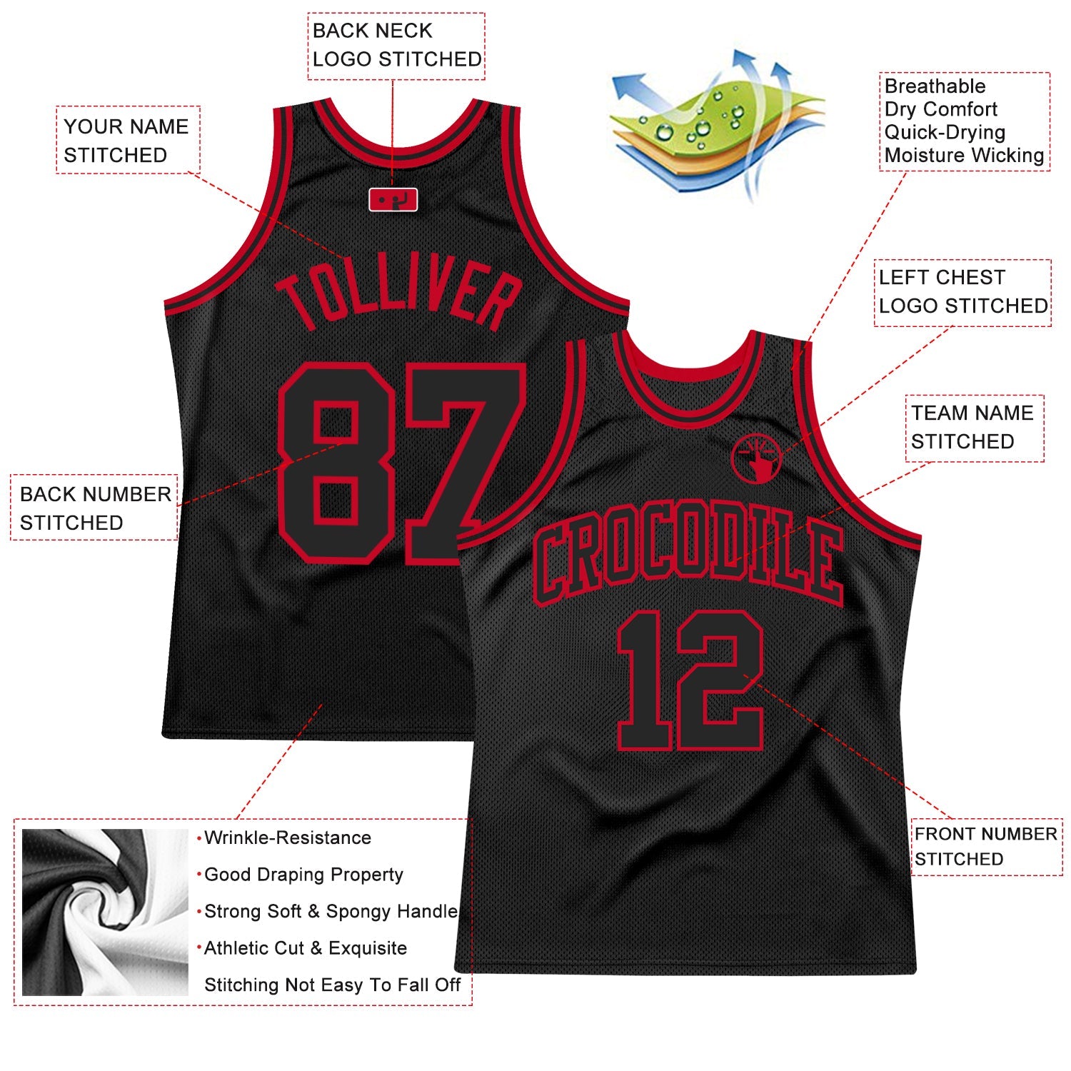 Custom Black Black-Red Authentic Throwback Basketball Jersey