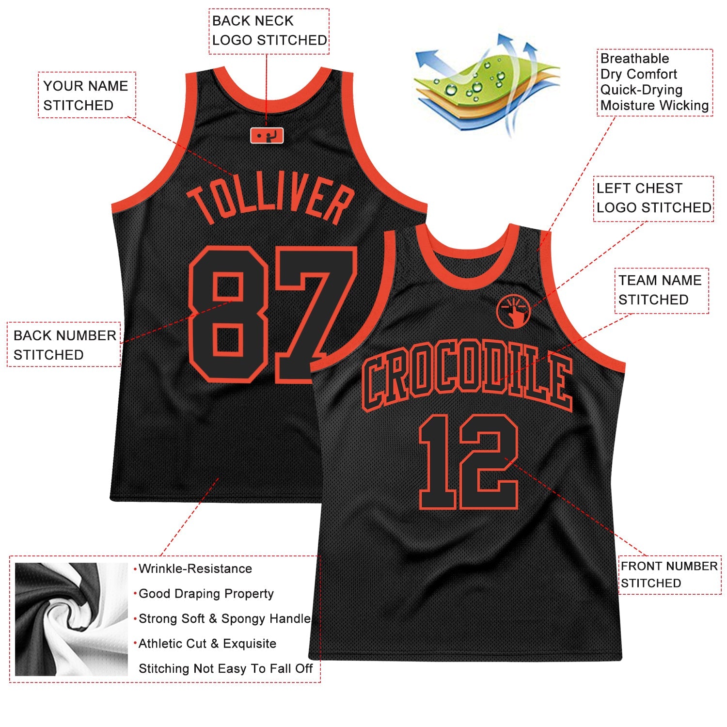 Custom Black Black-Orange Authentic Throwback Basketball Jersey