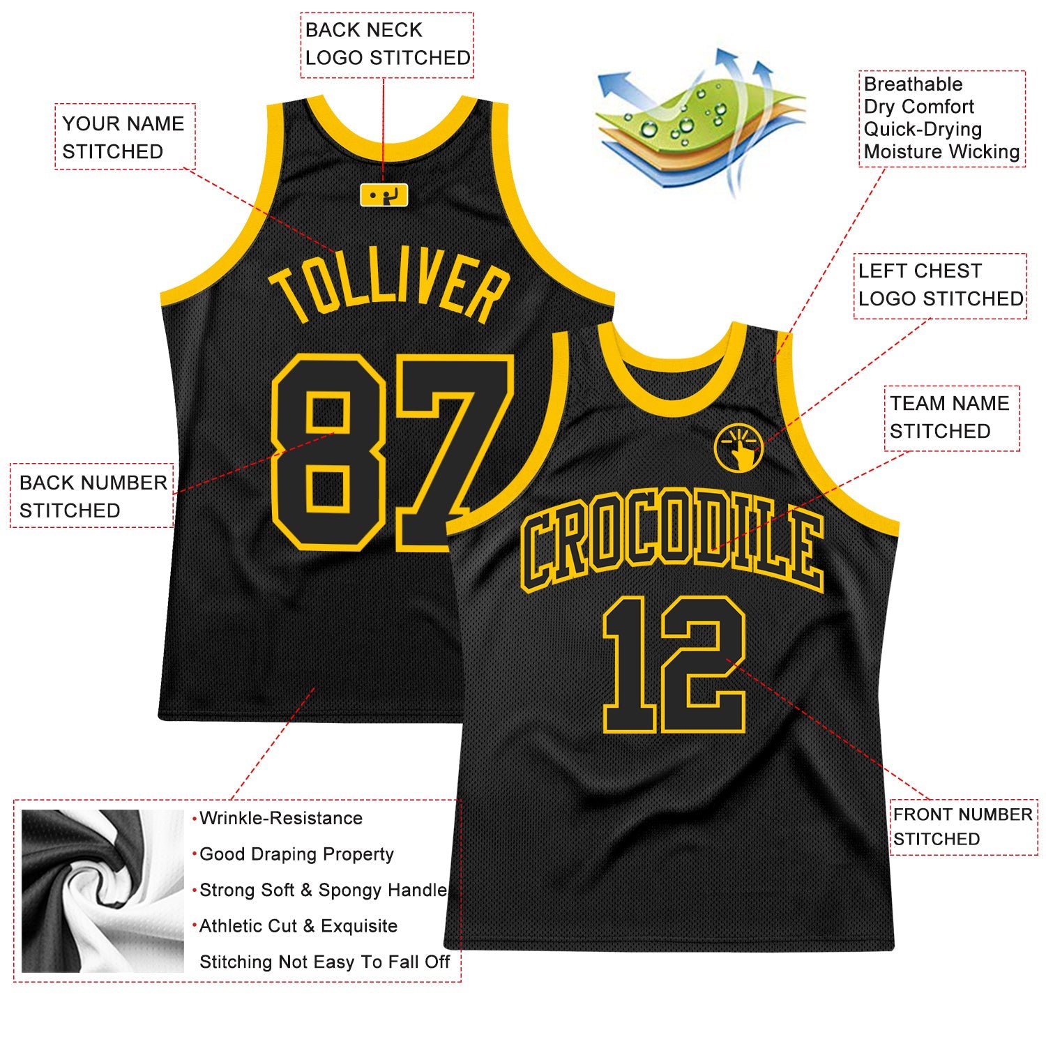 Custom Black Black-Gold Authentic Throwback Basketball Jersey