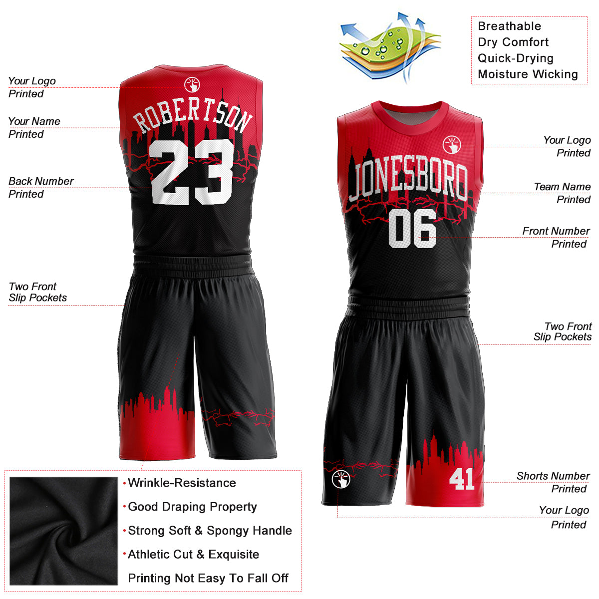 Custom Black White-Red Round Neck Sublimation Basketball Suit Jersey
