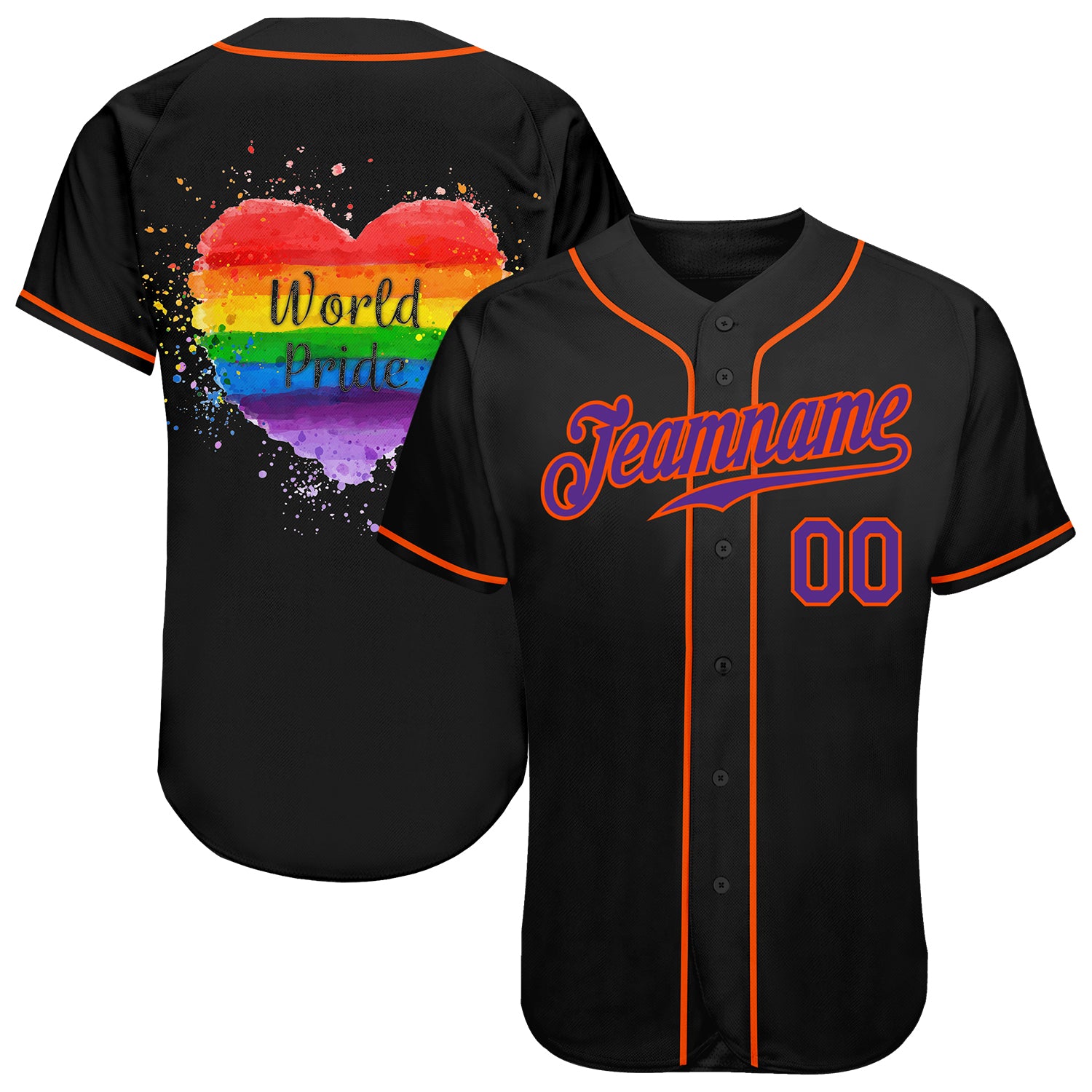 Custom Black Purple-Orange Rainbow Colored Heart For World Pride LGBT Authentic Baseball Jersey