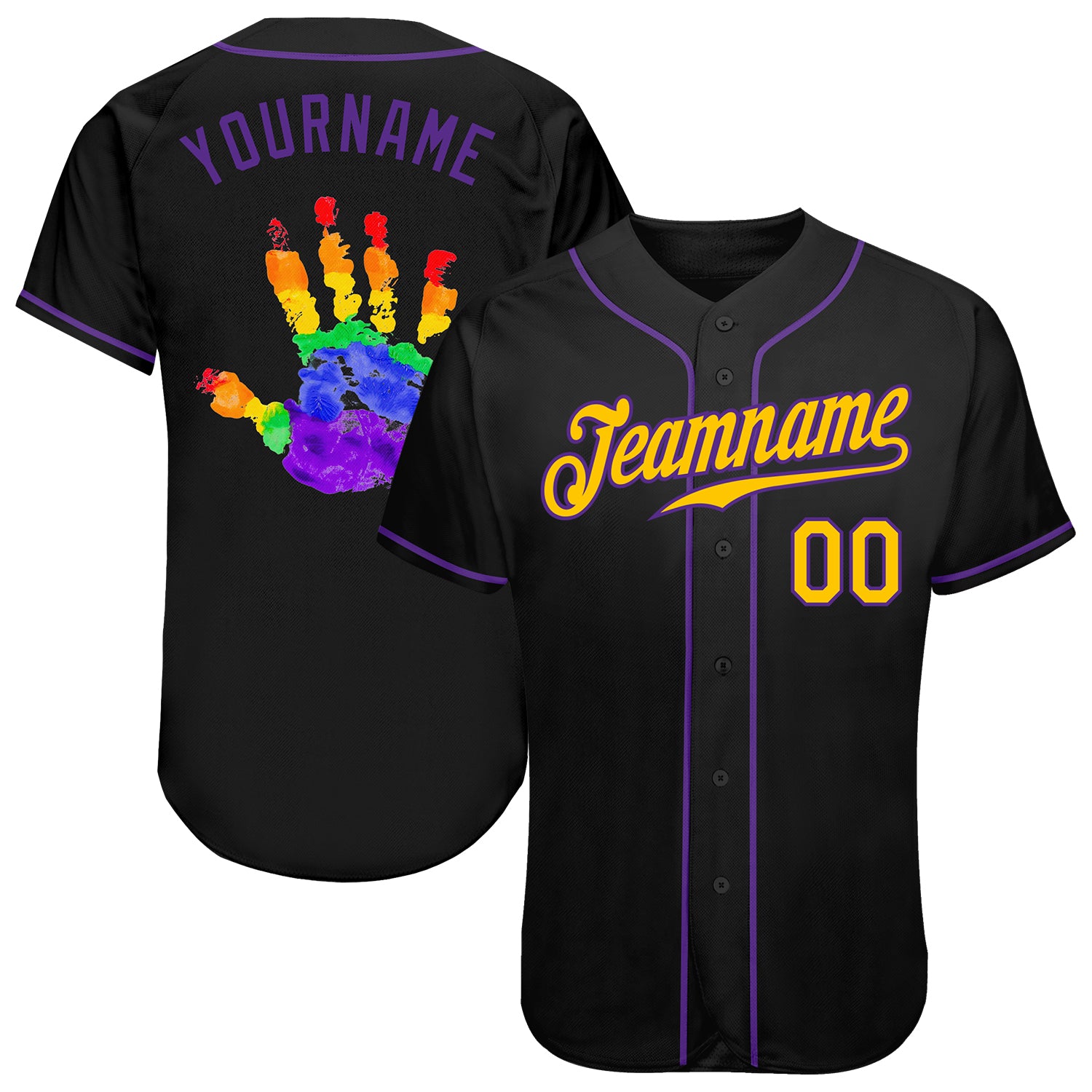Custom Black Gold-Purple Rainbow Colored Hand For Pride LGBT Authentic Baseball Jersey