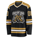 Custom Black Old Gold-White Hockey Jersey