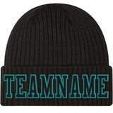 Custom Black Black-Aqua Stitched Cuffed Knit Hat