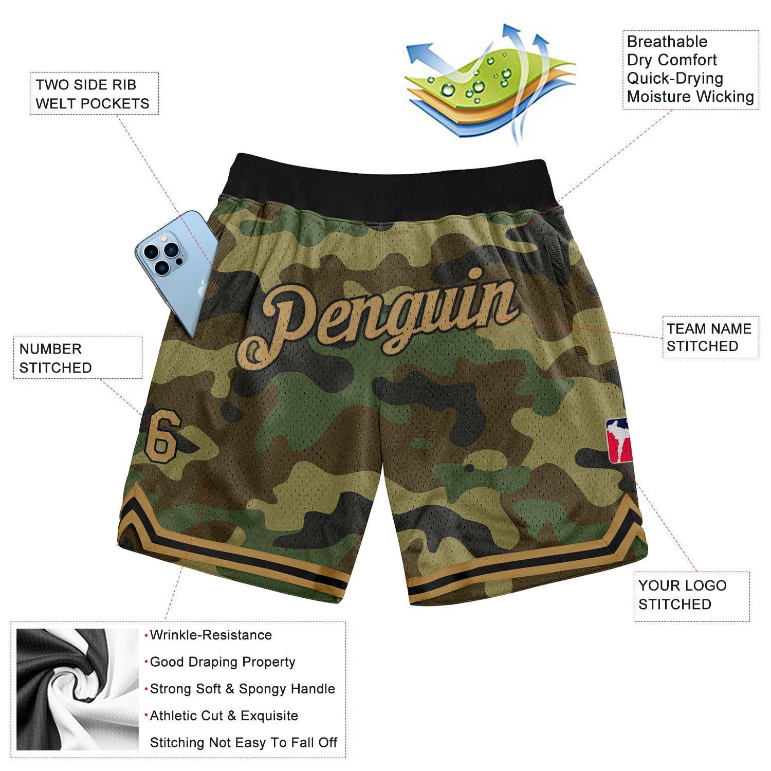 Custom Camo Old Gold-Black Authentic Salute To Service Basketball Shorts