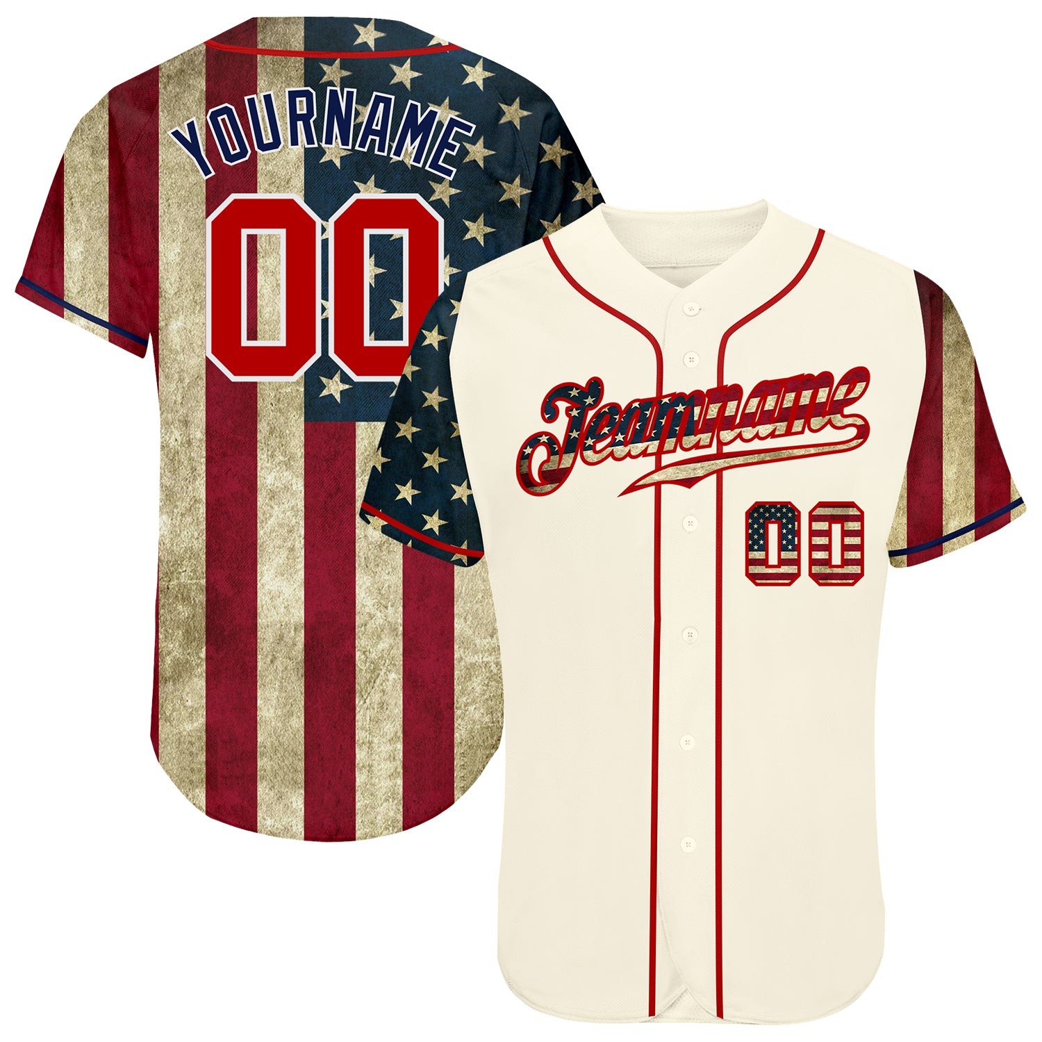 Custom Cream Red-Navy 3D American Flag Authentic Baseball Jersey
