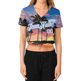 Custom Women's Light Blue White-Light Blue Hawaii Palm Trees 3D V-Neck Cropped Baseball Jersey