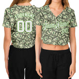 Custom Women's Green White-Neon Green Dollar 3D V-Neck Cropped Baseball Jersey