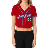 Custom Women's Red White-Royal V-Neck Cropped Baseball Jersey