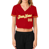 Custom Women's Red White-Gold V-Neck Cropped Baseball Jersey