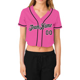 Custom Women's Pink Black-White V-Neck Cropped Baseball Jersey