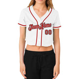 Custom Women's White Red-Black V-Neck Cropped Baseball Jersey