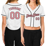 Custom Women's White Medium Pink-Black V-Neck Cropped Baseball Jersey