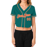 Custom Women's Aqua Orange-White V-Neck Cropped Baseball Jersey