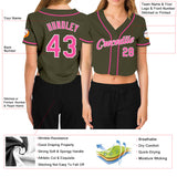 Custom Women's Olive Pink-White Salute To Service V-Neck Cropped Baseball Jersey