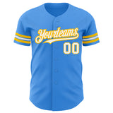 Custom Electric Blue White-Gold Authentic Baseball Jersey