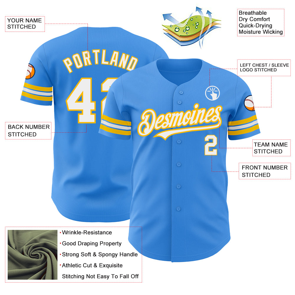 Custom Electric Blue White-Gold Authentic Baseball Jersey