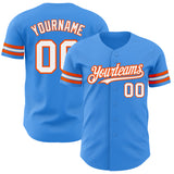Custom Electric Blue White-Orange Authentic Baseball Jersey