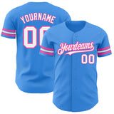 Custom Electric Blue White-Pink Authentic Baseball Jersey