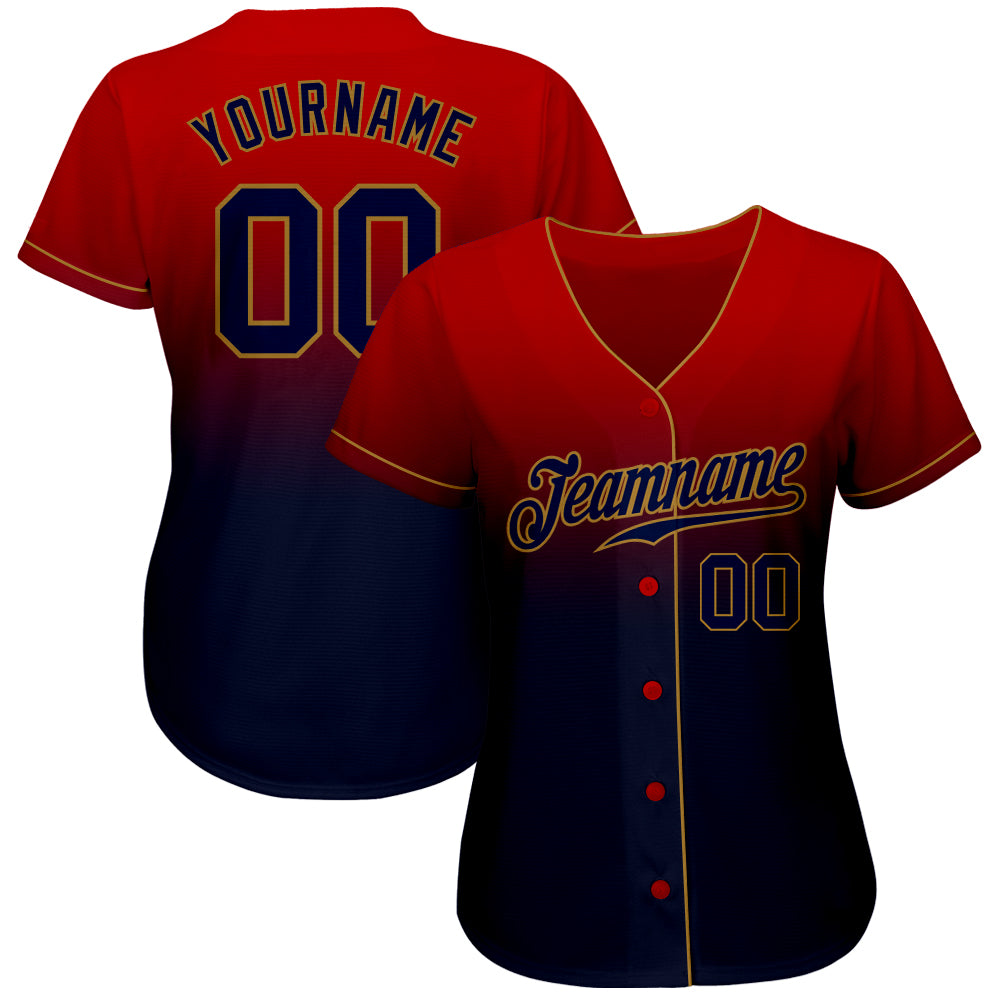 Custom Red Navy-Old Gold Authentic Fade Fashion Baseball Jersey