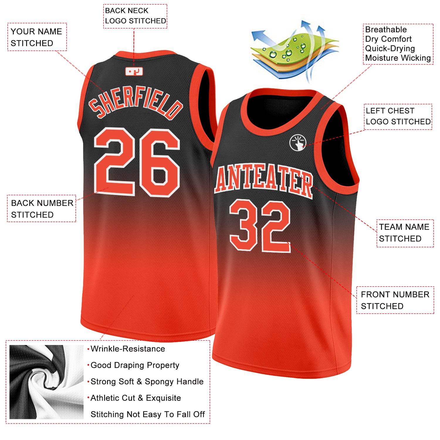 Custom Black Orange-White Authentic Fade Fashion Basketball Jersey